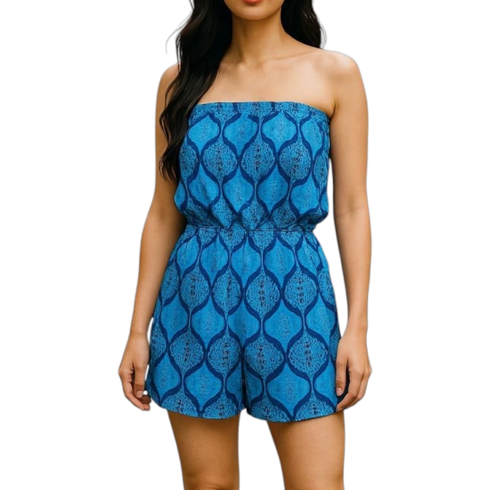 Forever 21 blue black paisley print strapless romper size medium